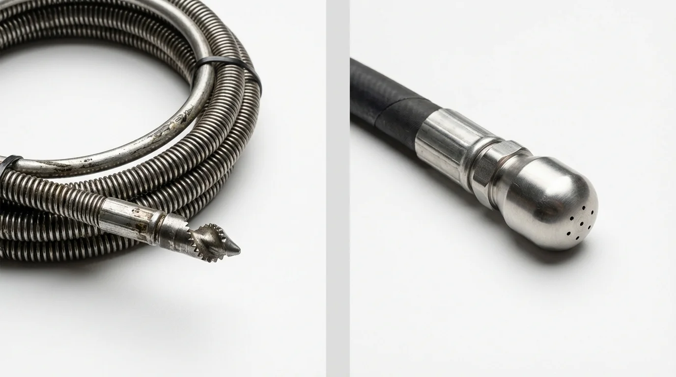 Drain snake cable and hydro jetting nozzle used for drain cleaning in Smithville, OH