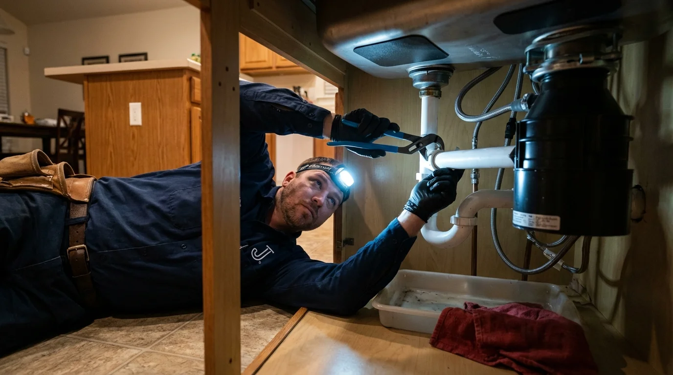 P-trap and supply line connections under a kitchen sink showing a common leak point in Smithville, OH